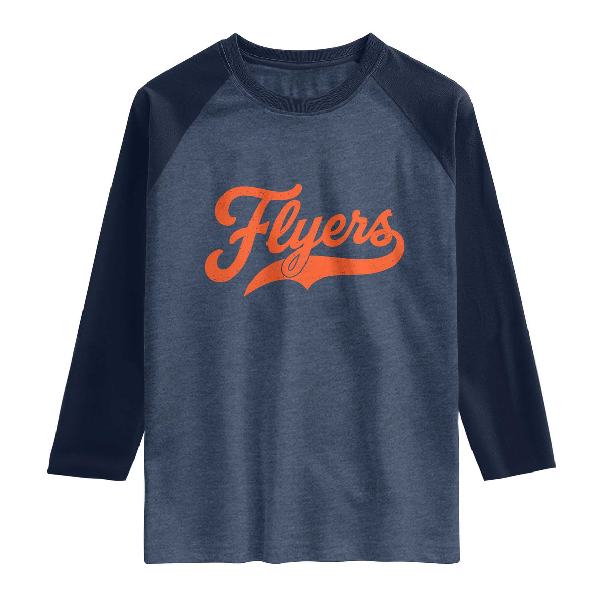Vintage Flyers Name Script Style Raglan Shirt Retro Distressed Tailgate Spirit Sports Fan TS02 Heather Denim Navy Print Your Wear