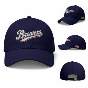 Vintage 70s Brewers Name Script Style Baseball Cap Retro Distressed Tailgate Spirit Sports Fan TS02 Baseball Cap Universal Fit Dark Blue Print Your Wear