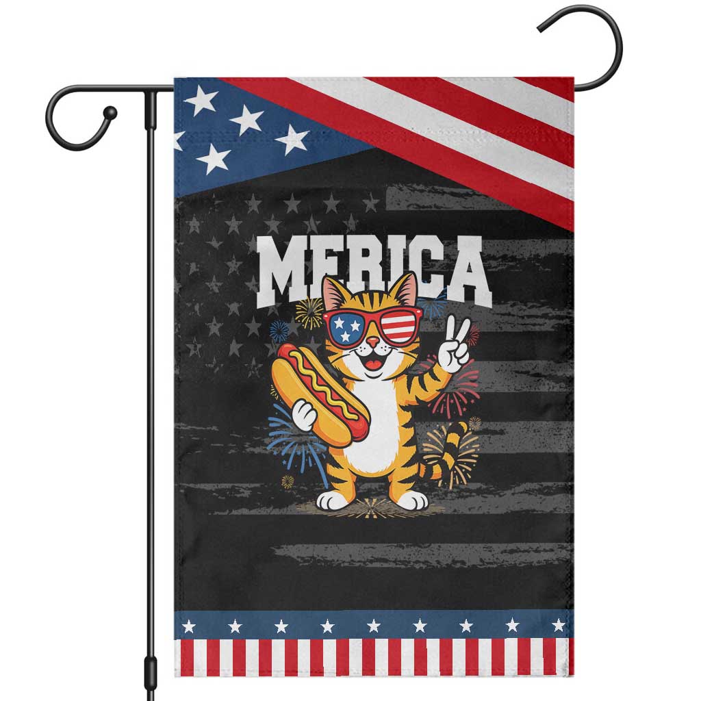 Merica Cat Garden Flag Funny 4th of July Hot Dog and Fireworks Patriotic USA Flag TS02 Distressed Black Blue Print Your Wear