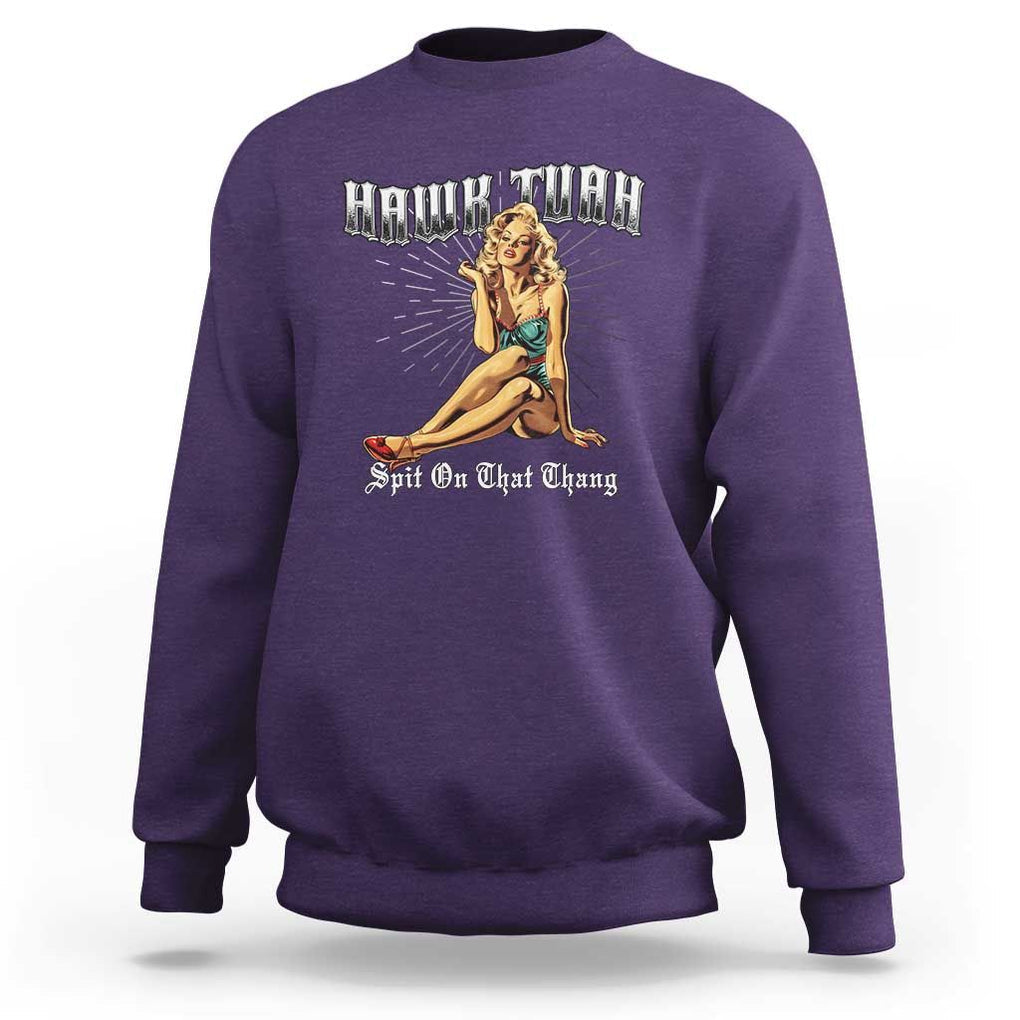 Funny Pin-Up Girl Sweatshirt Hawk Tuah Spit On That Thang TS02 Purple Print Your Wear