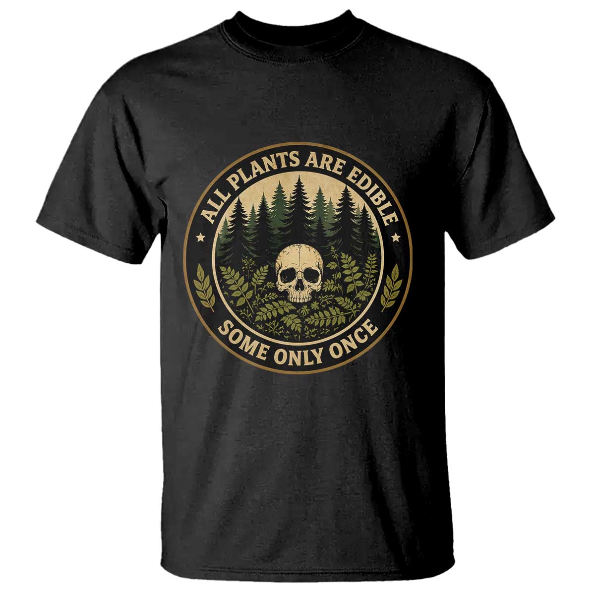 All Plants Are Edible Some Only Once Botanical Dark Humor T Shirt Vintage Skull Forest Funny Foraging TS02 Black Print Your Wear