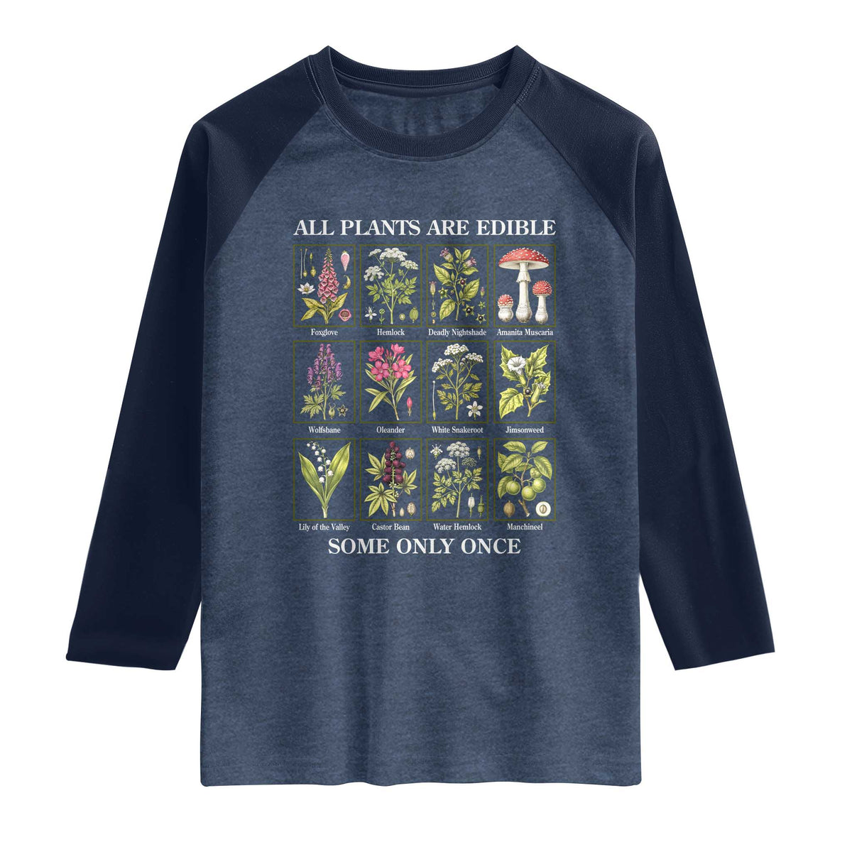 Vintage Botanical Poison Chart Graphic Raglan Shirt All Plants Are Edible Some Only Once TS02 Heather Denim Navy Print Your Wear