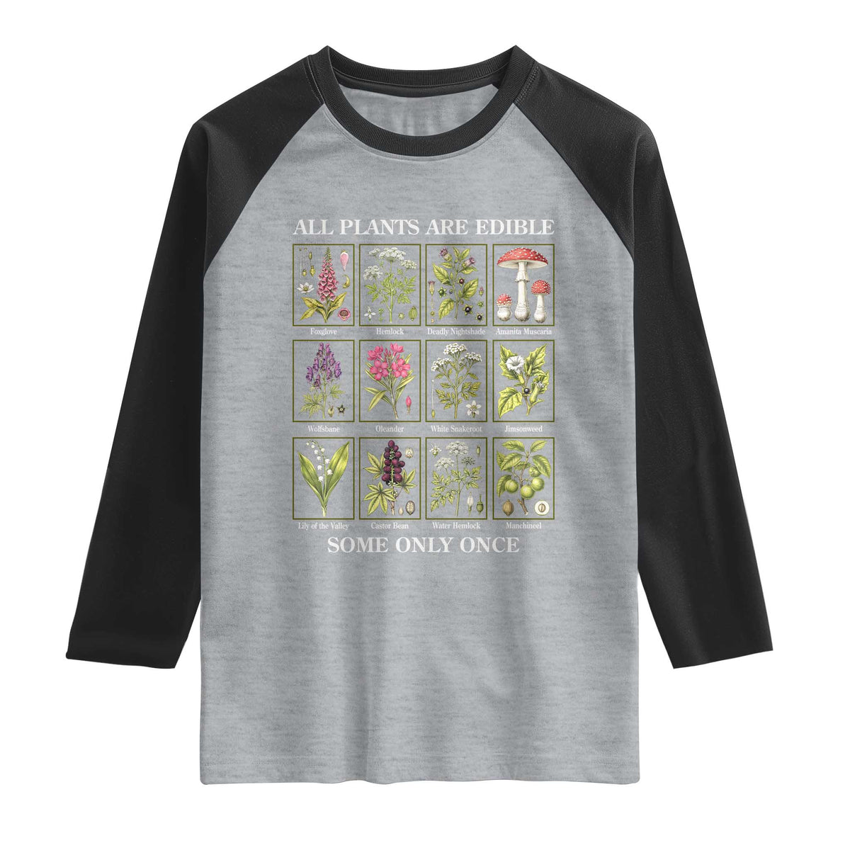 Vintage Botanical Poison Chart Graphic Raglan Shirt All Plants Are Edible Some Only Once TS02 Heather Gray Black Print Your Wear