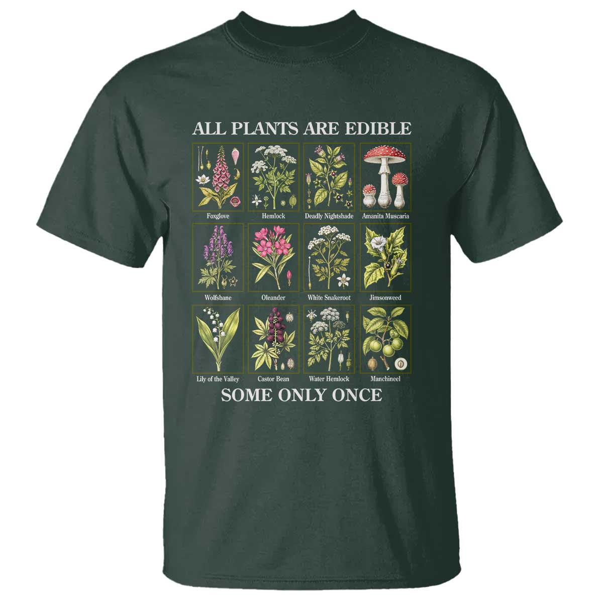 Vintage Botanical Poison Chart Graphic T Shirt All Plants Are Edible Some Only Once TS02 Dark Forest Green Print Your Wear