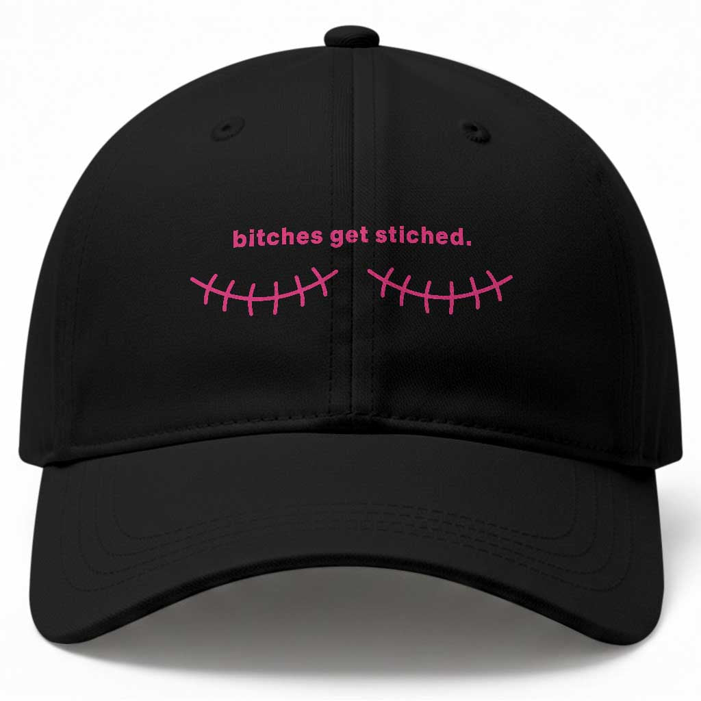 Funny Mastectomy Reconstruction Surgery Baseball Cap Bitches Get Stitches Breast Cancer Awareness