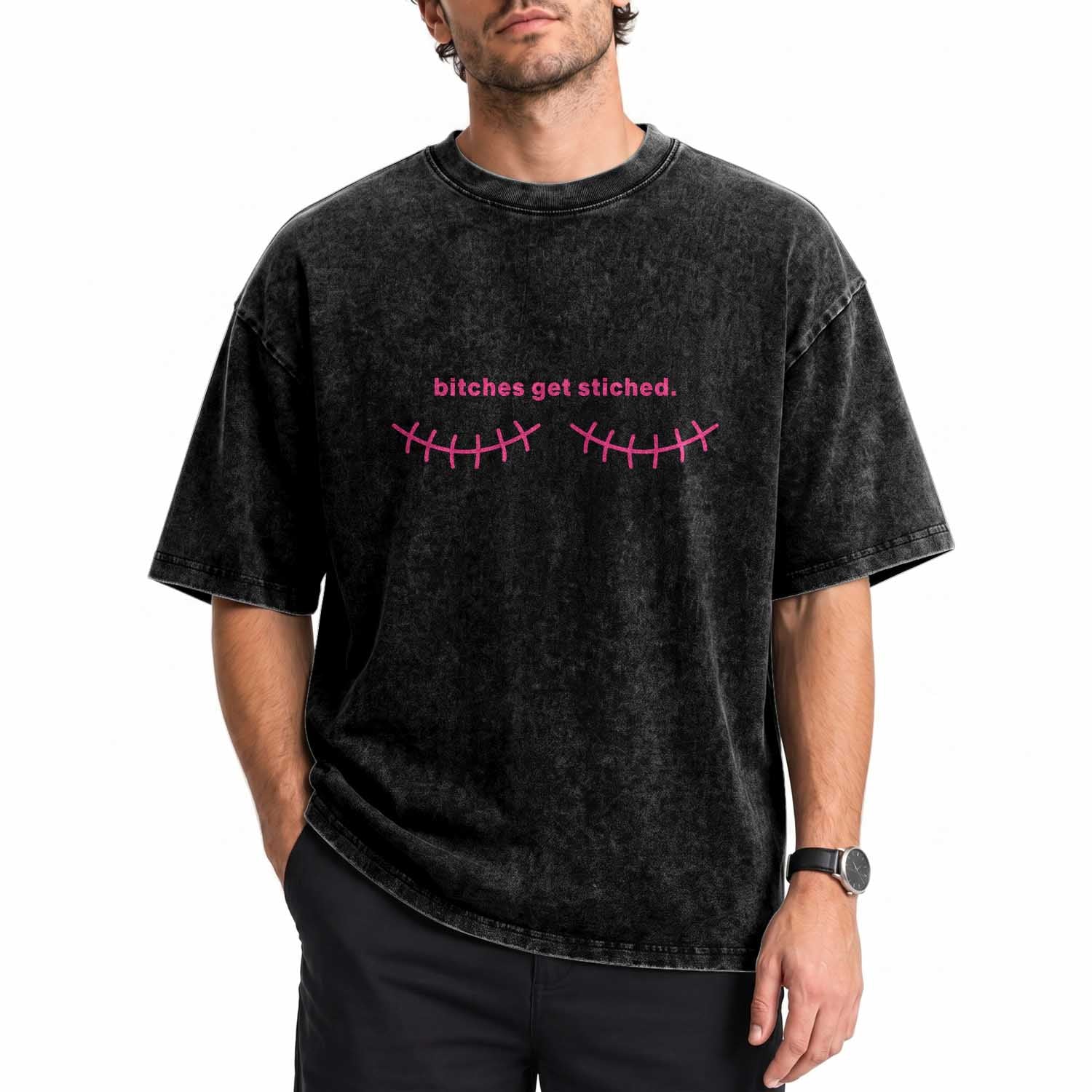 Funny Mastectomy Reconstruction Surgery Washed Cotton T-Shirt Bitches Get Stitches Breast Cancer Awareness
