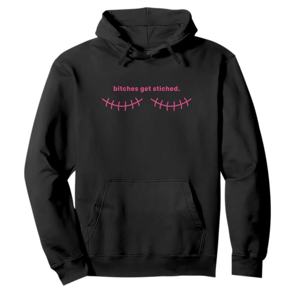 Funny Mastectomy Reconstruction Surgery Hoodie Bitches Get Stitches Breast Cancer Awareness