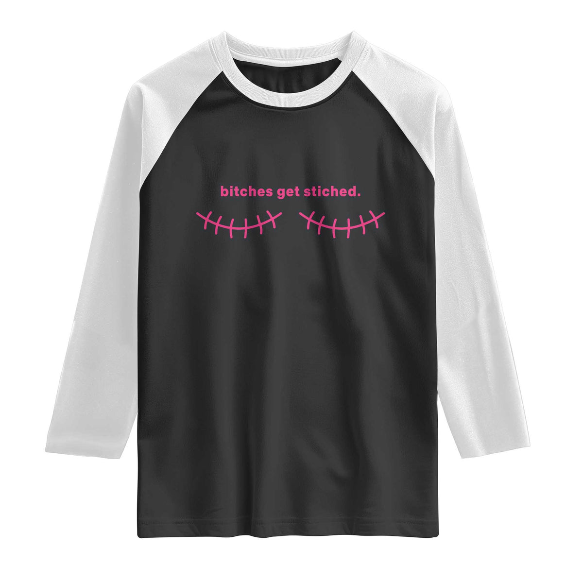 Funny Mastectomy Reconstruction Surgery Raglan Shirt Bitches Get Stitches Breast Cancer Awareness