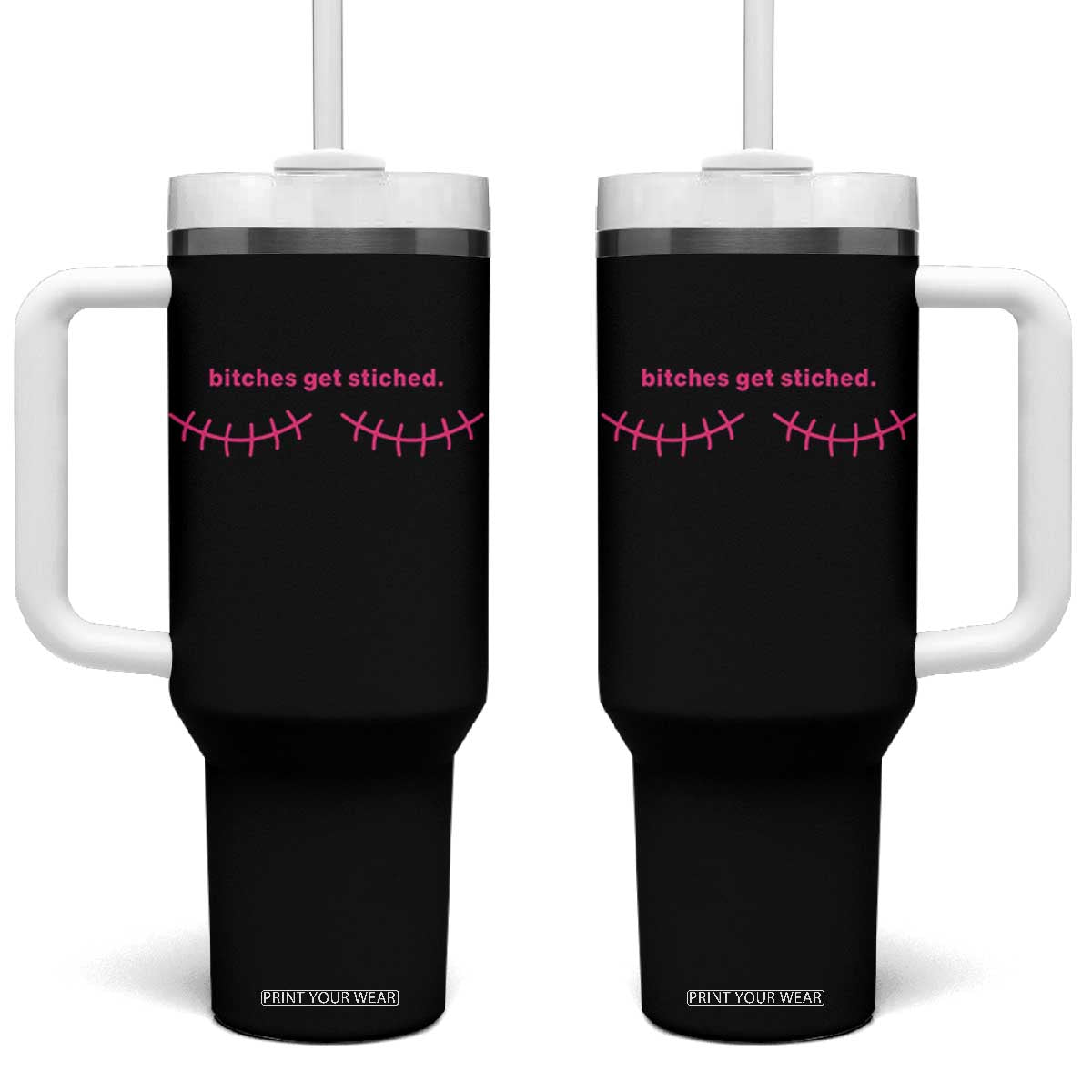 Funny Mastectomy Reconstruction Surgery Tumbler With Handle Bitches Get Stitches Breast Cancer Awareness