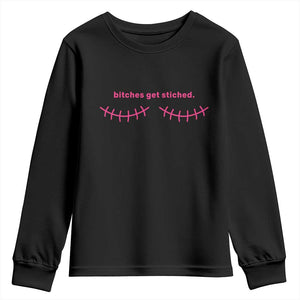 Funny Mastectomy Reconstruction Surgery Youth Sweatshirt Bitches Get Stitches Breast Cancer Awareness