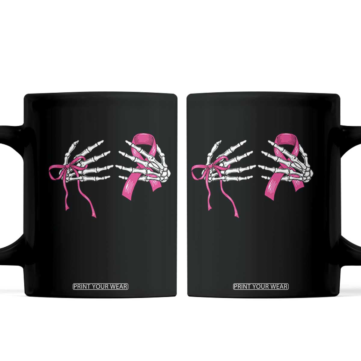 Skeleton Hands Pink Ribbon Bra Breast Cancer Fighter Coffee Mug Funny Halloween Spooky Pink Warrior