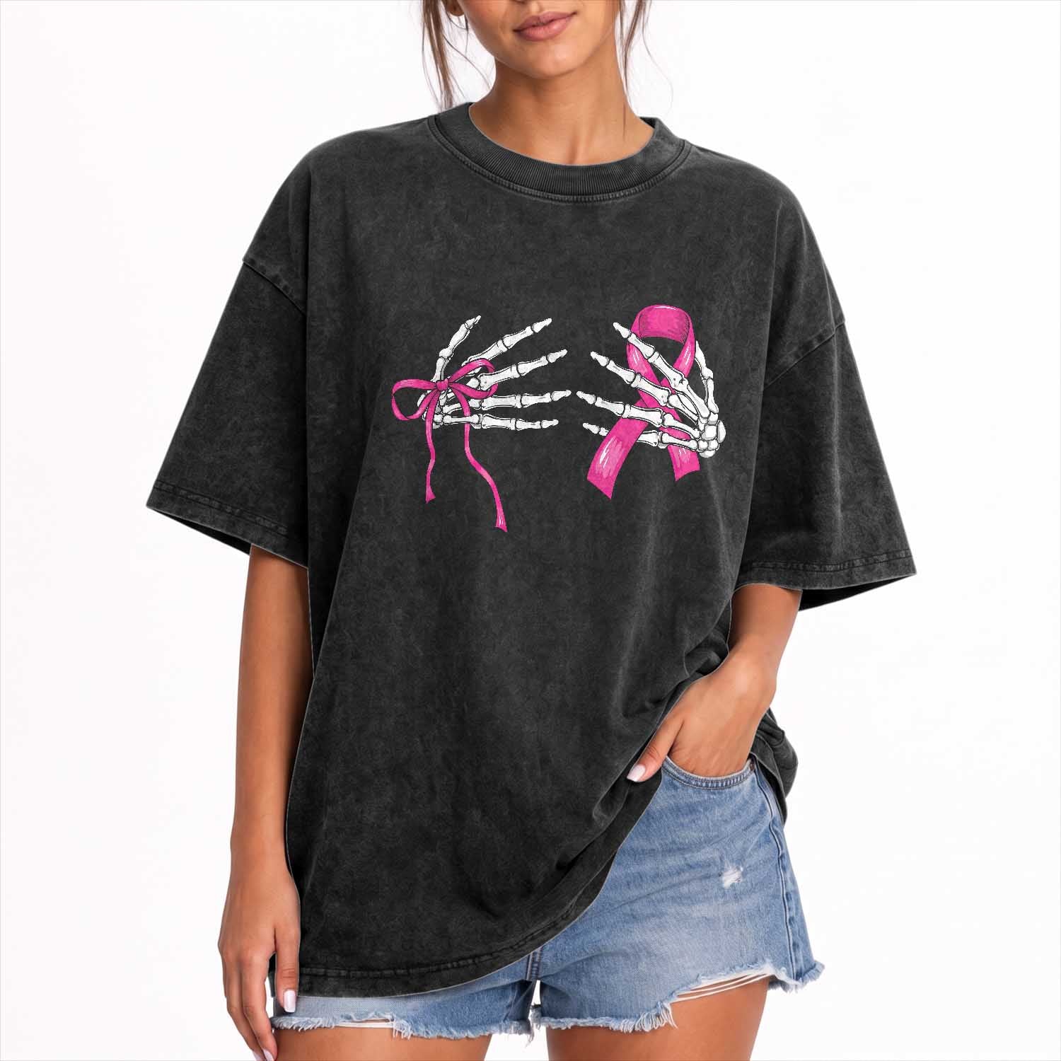 Skeleton Hands Pink Ribbon Bra Breast Cancer Fighter Washed Cotton T-Shirt Funny Halloween Spooky Pink Warrior