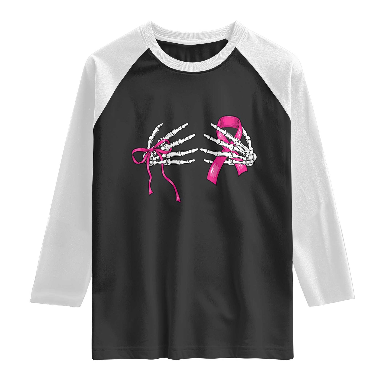 Skeleton Hands Pink Ribbon Bra Breast Cancer Fighter Raglan Shirt Funny Halloween Spooky Pink Warrior