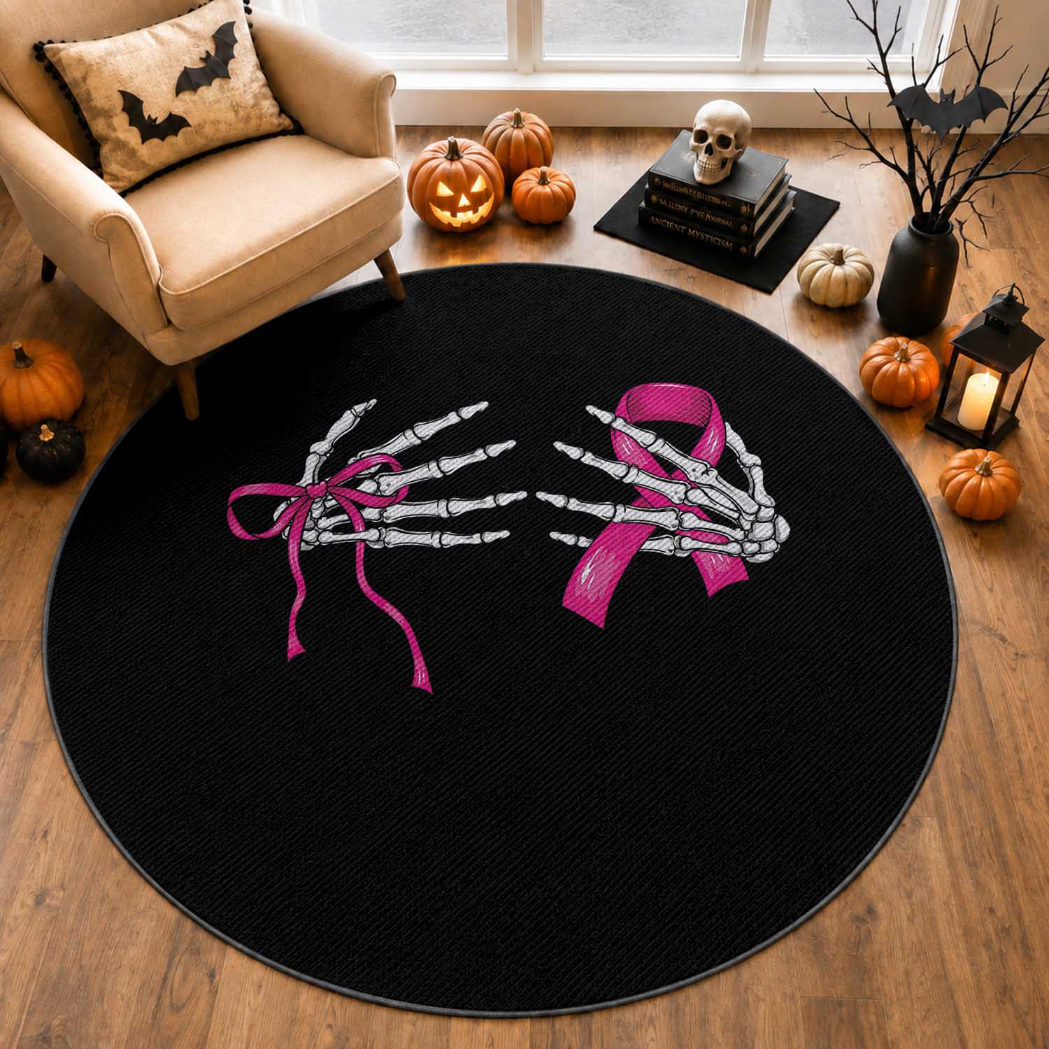 Skeleton Hands Pink Ribbon Bra Breast Cancer Fighter Round Rug Funny Halloween Spooky Pink Warrior