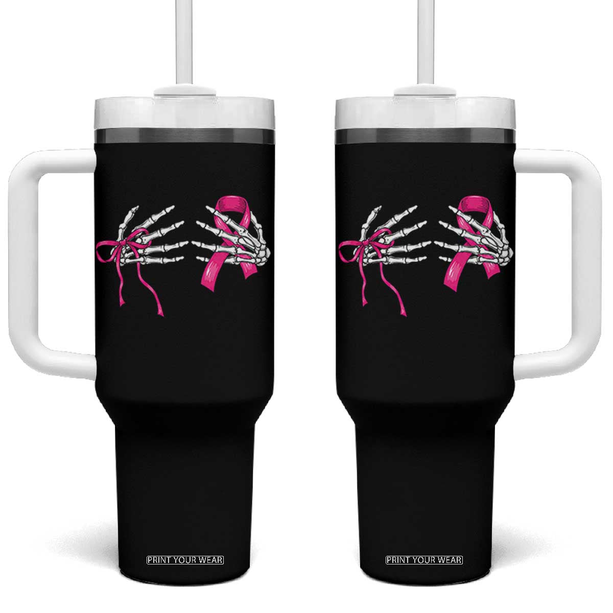 Skeleton Hands Pink Ribbon Bra Breast Cancer Fighter Tumbler With Handle Funny Halloween Spooky Pink Warrior
