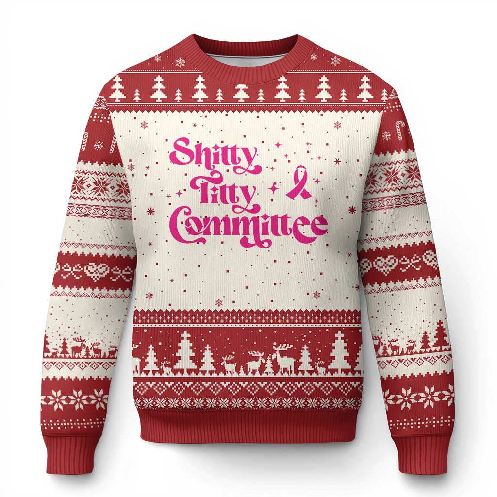 Shitty Titty Committee Retro Pink Ribbon Ugly Christmas Sweater Funny Breast Cancer Awareness Mastectomy Survivor