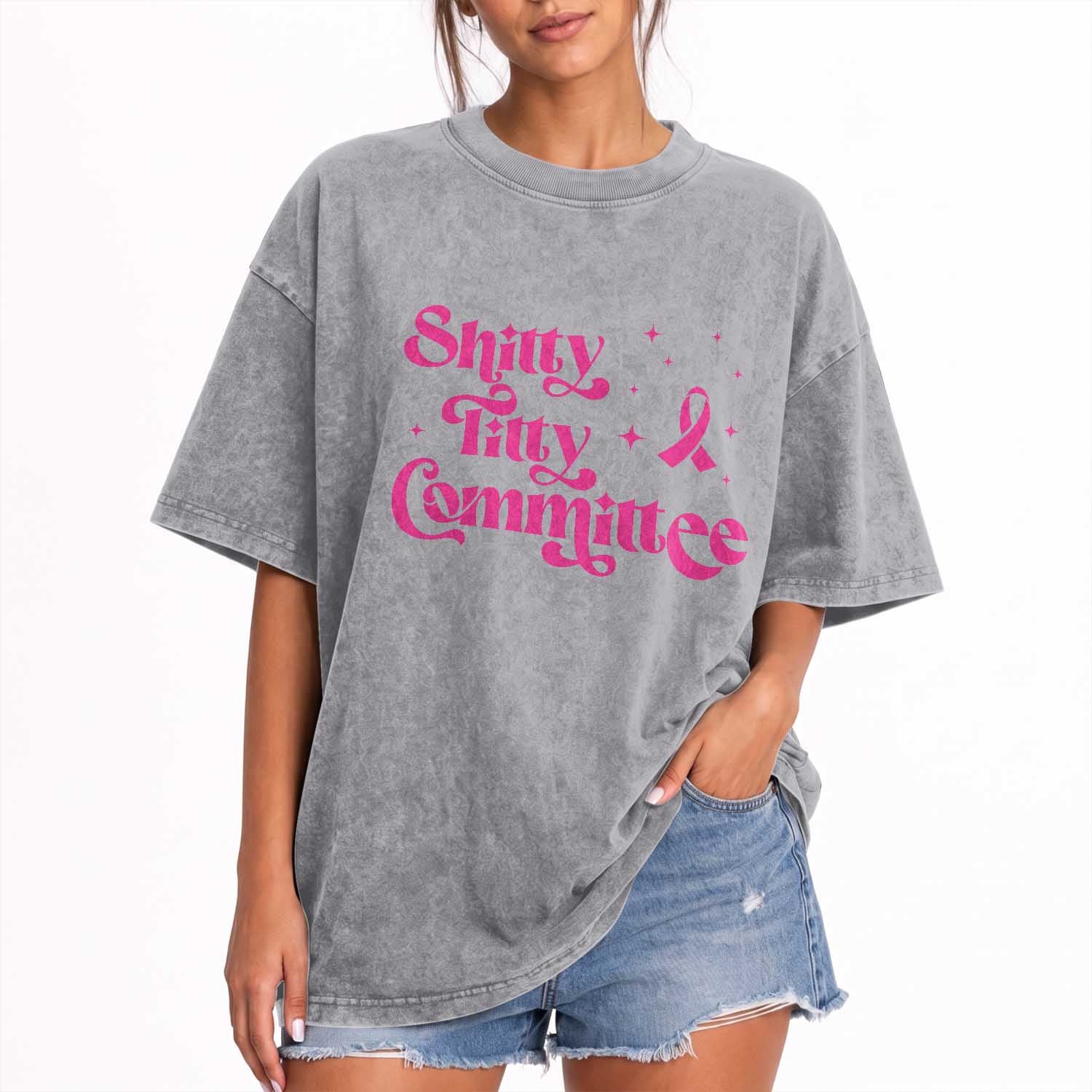 Shitty Titty Committee Retro Pink Ribbon Washed Cotton T-Shirt Funny Breast Cancer Awareness Mastectomy Survivor