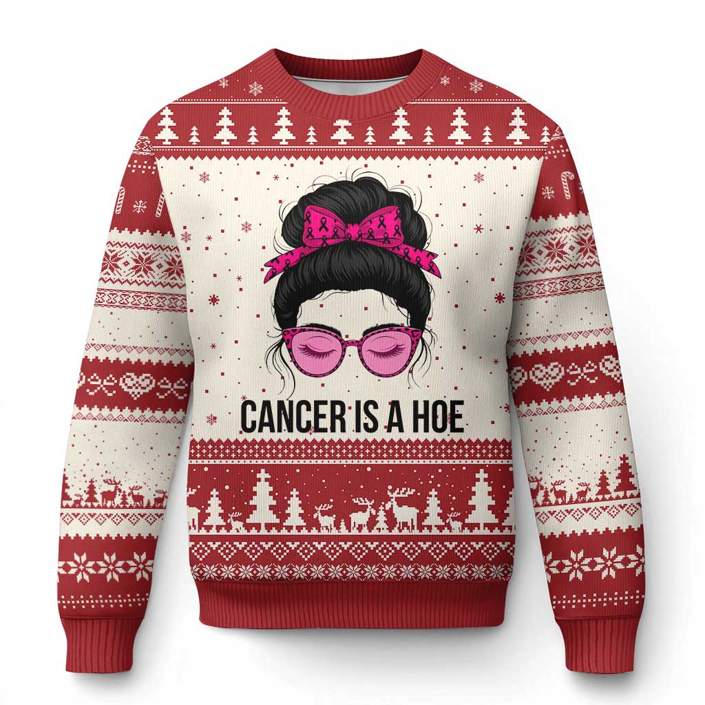 Cancer Is A Hoe Pink Messy Bun Leopard Sunglasses Graphic Ugly Christmas Sweater Funny Breast Cancer Warrior Support