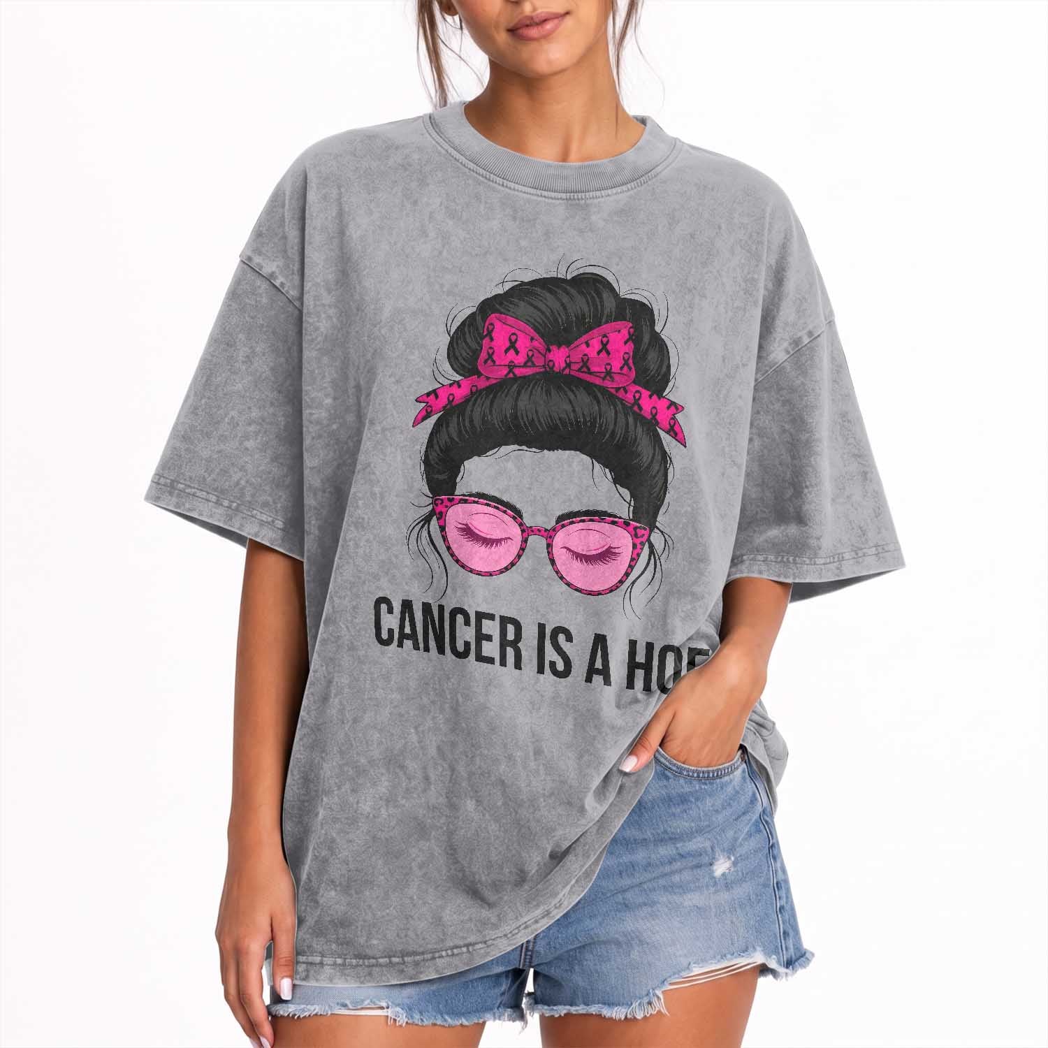Cancer Is A Hoe Pink Messy Bun Leopard Sunglasses Graphic Washed Cotton T-Shirt Funny Breast Cancer Warrior Support