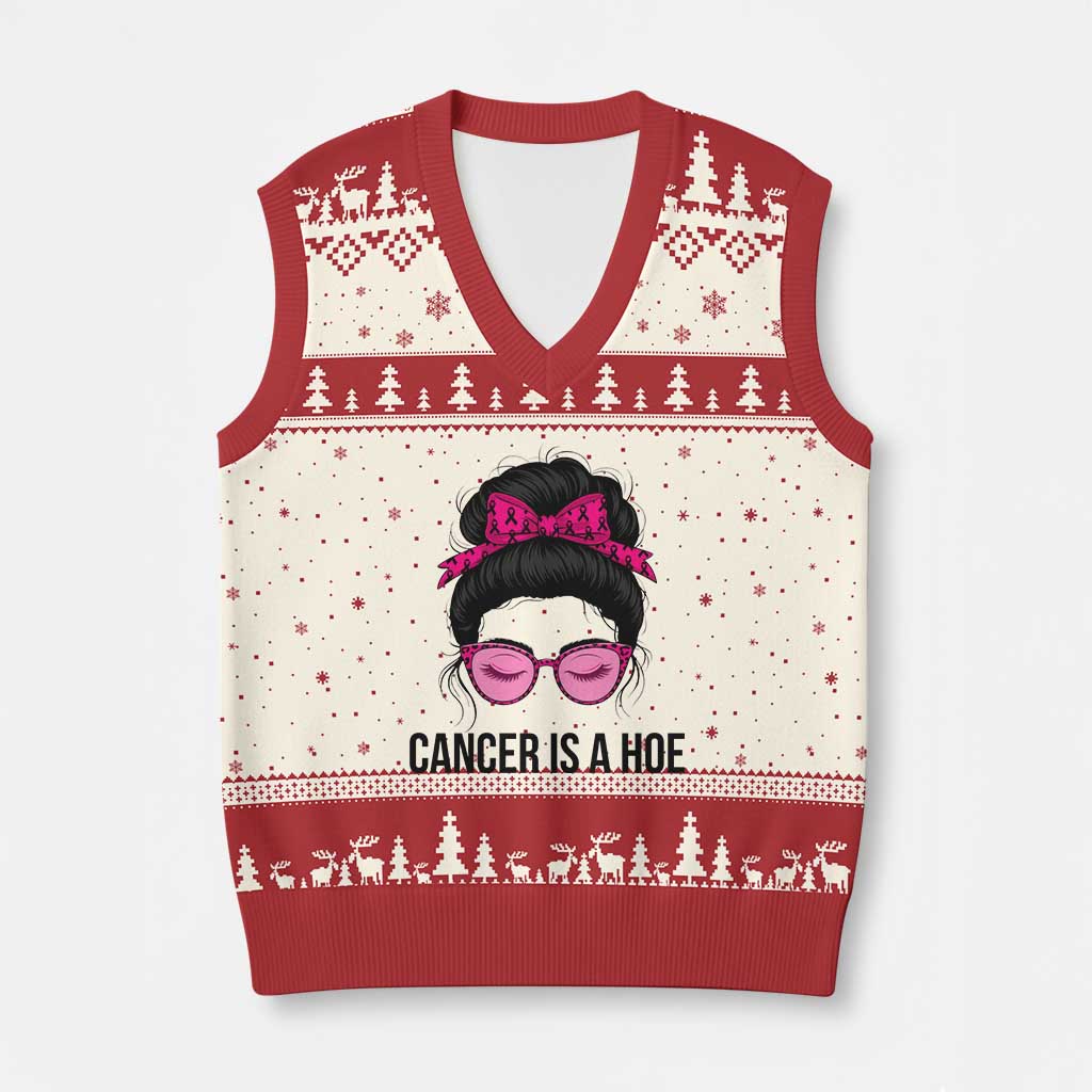 Cancer Is A Hoe Pink Messy Bun Leopard Sunglasses Graphic V-Neck Knit Sweater Vest Funny Breast Cancer Warrior Support