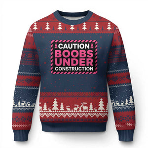 Funny Breast Cancer Surgery Mastectomy Ugly Christmas Sweater Caution Boobs Under Construction Pink Ribbon Warrior TS02 Navy Red Print Your Wear
