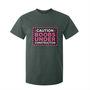Funny Breast Cancer Surgery Mastectomy T Shirt For Kid Caution Boobs Under Construction Pink Ribbon Warrior TS02 Dark Forest Green Print Your Wear