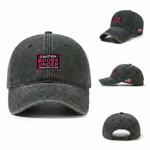 Funny Breast Cancer Surgery Mastectomy Washed Cotton Baseball Cap Caution Boobs Under Construction Pink Ribbon Warrior TS02 Washed Cap Universal Fit Dark Green Print Your Wear
