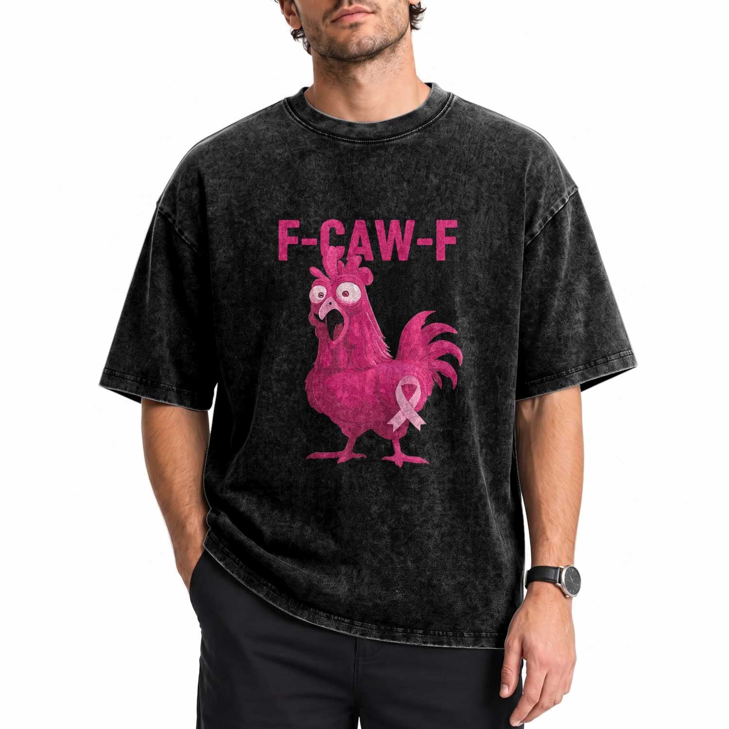 Fcawf Pink Chicken Ribbon Funny Breast Cancer Awareness Washed Cotton T-Shirt Sarcastic Survivor Humor