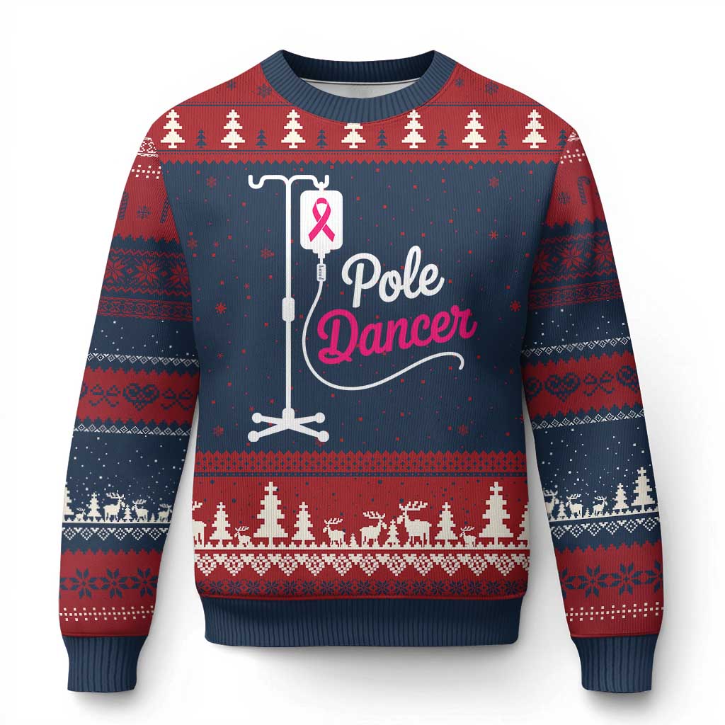 Pole Dancer Funny IV Drip Pole Graphic Ugly Christmas Sweater Chemotherapy Breast Cancer Awareness Warrior
