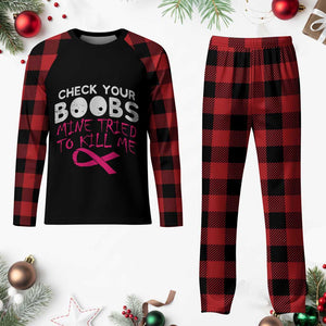 Funny Breast Cancer Warrior Joke Plaid Pajama Set Check Your Boobs Mine Tried To Kill Me