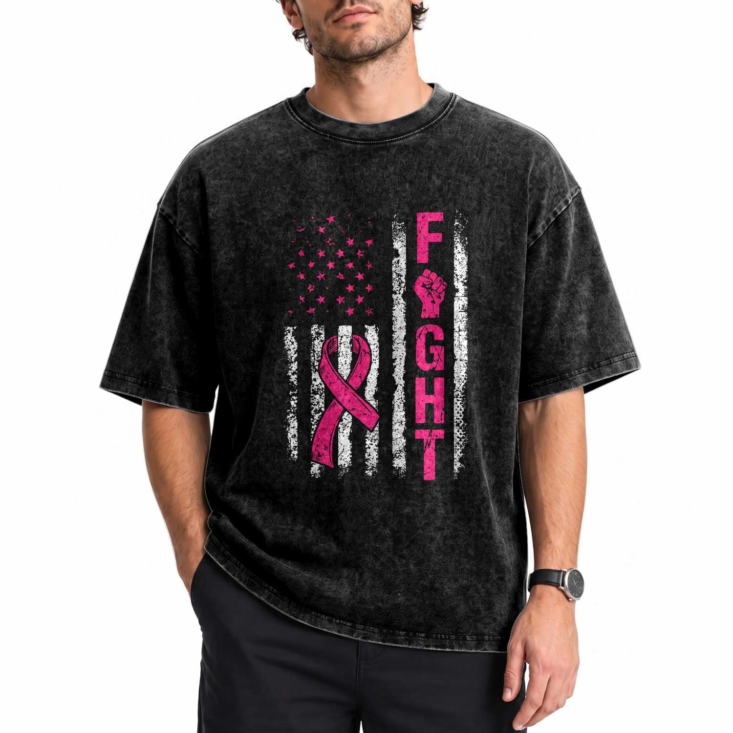 Fight Breast Cancer Awareness Pink Ribbon American Flag Graphic Washed Cotton T-Shirt