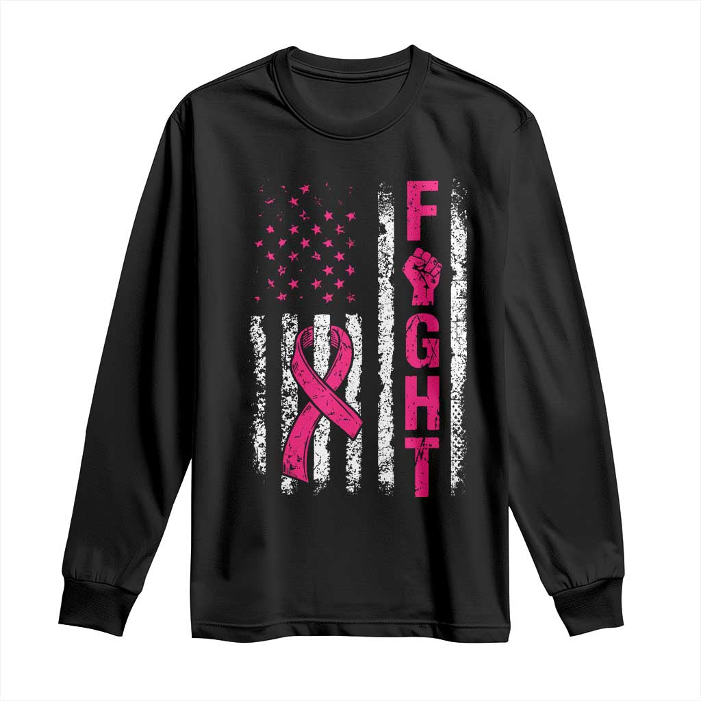 Fight Breast Cancer Awareness Pink Ribbon American Flag Graphic Long Sleeve Shirt
