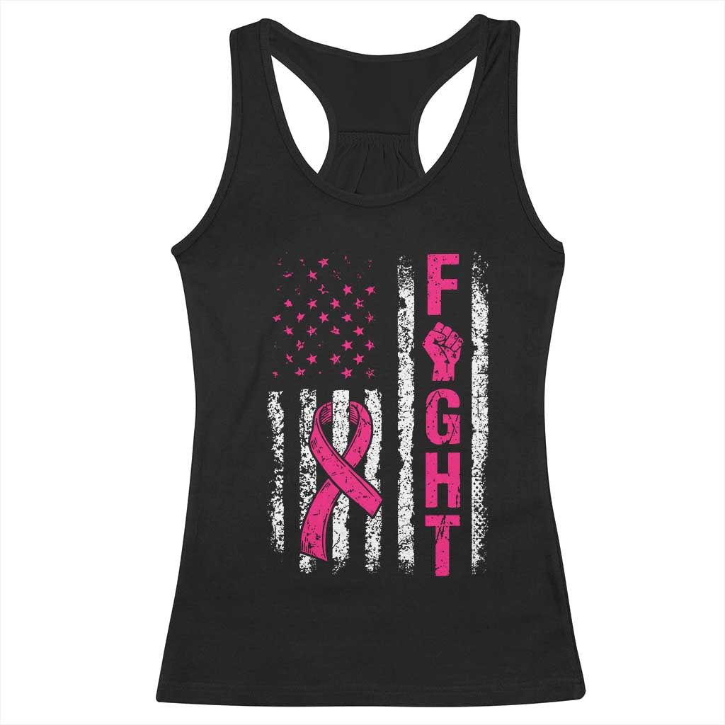 Fight Breast Cancer Awareness Pink Ribbon American Flag Graphic Racerback Tank Top