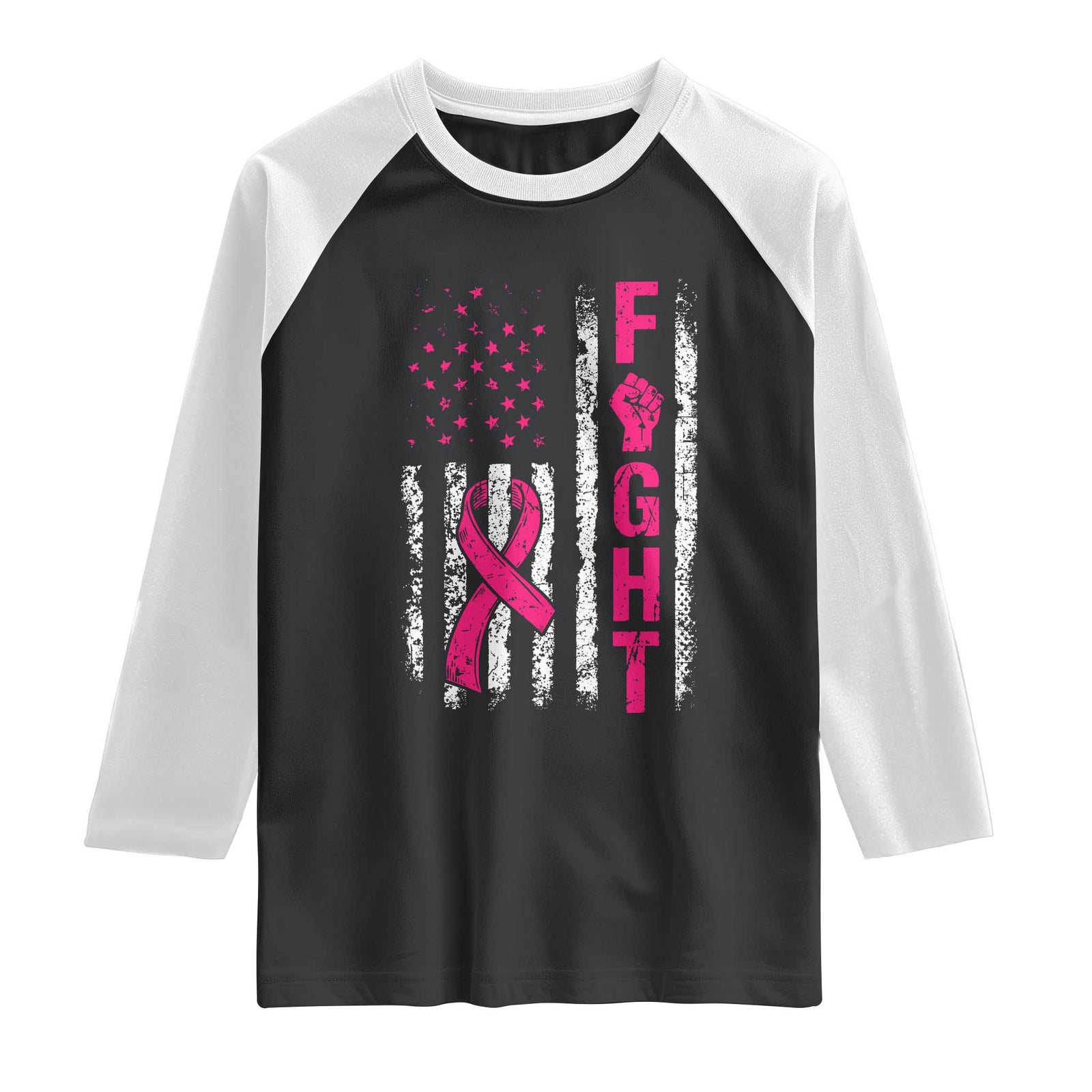 Fight Breast Cancer Awareness Pink Ribbon American Flag Graphic Raglan Shirt