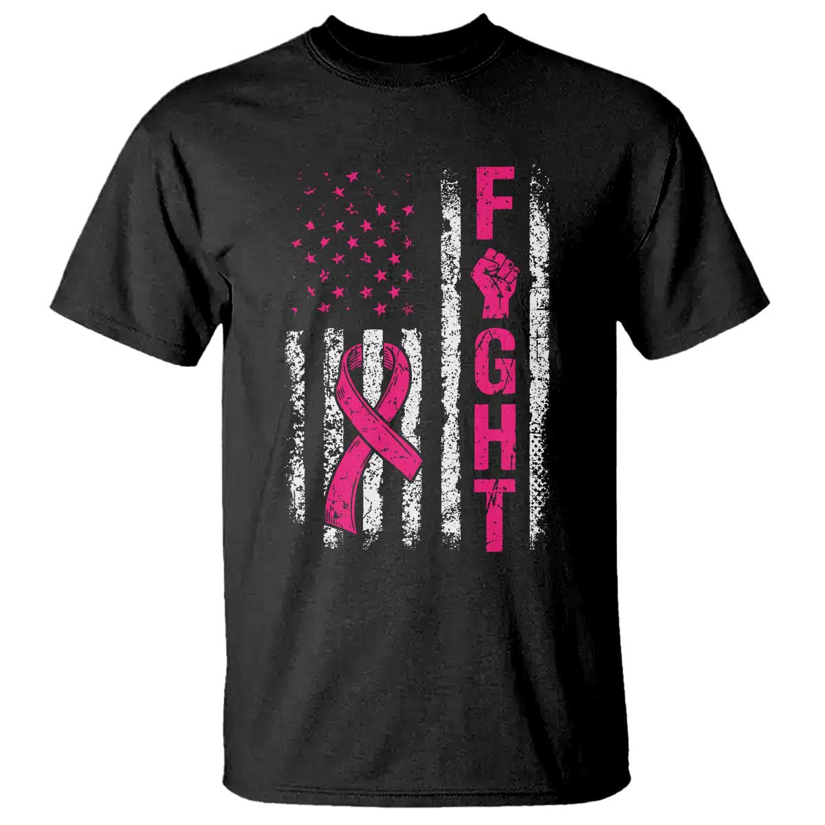 Fight Breast Cancer Awareness Pink Ribbon American Flag Graphic T Shirt