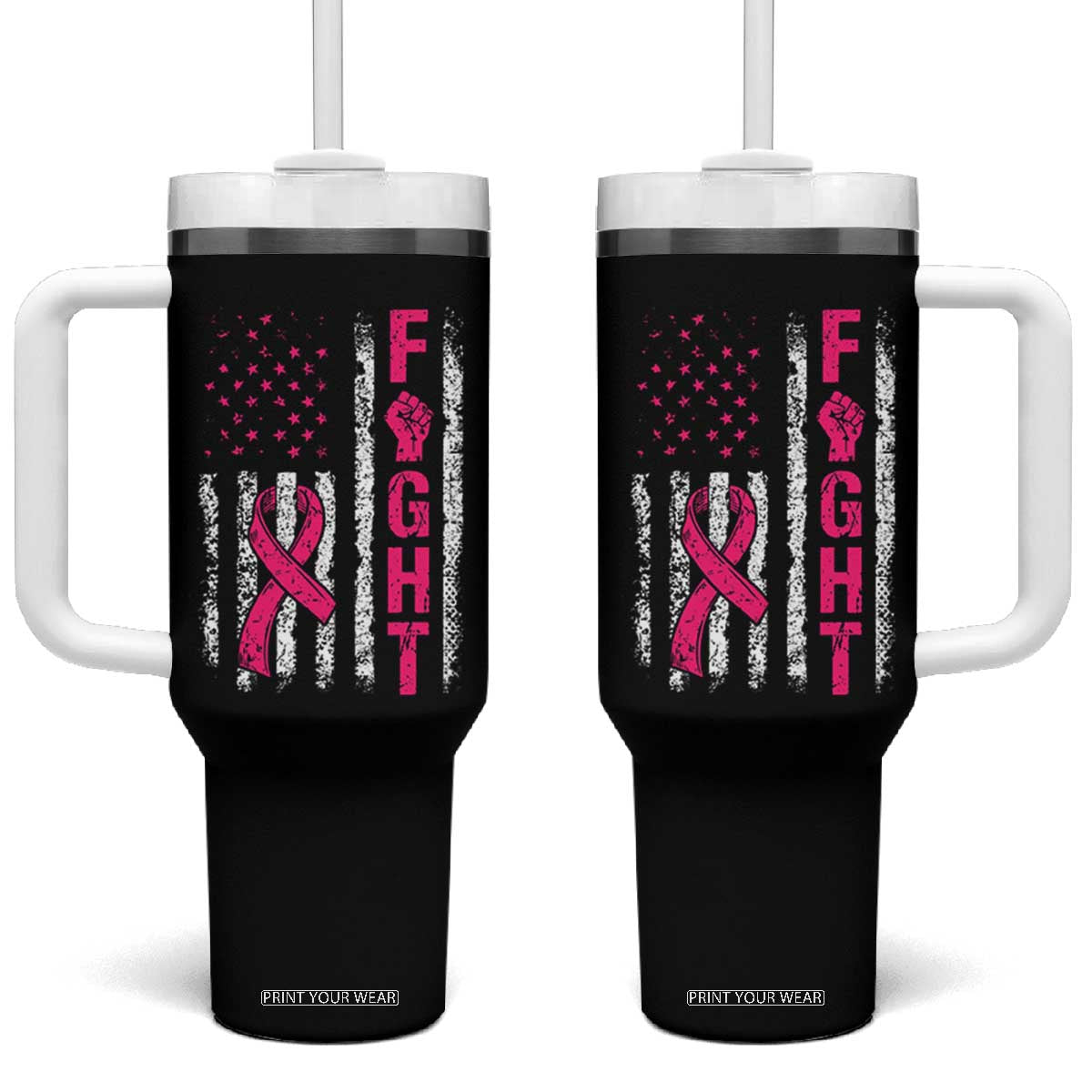 Fight Breast Cancer Awareness Pink Ribbon American Flag Graphic Tumbler With Handle