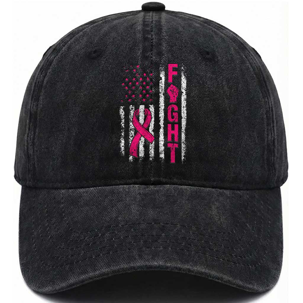 Fight Breast Cancer Awareness Pink Ribbon American Flag Graphic Washed Cotton Baseball Cap