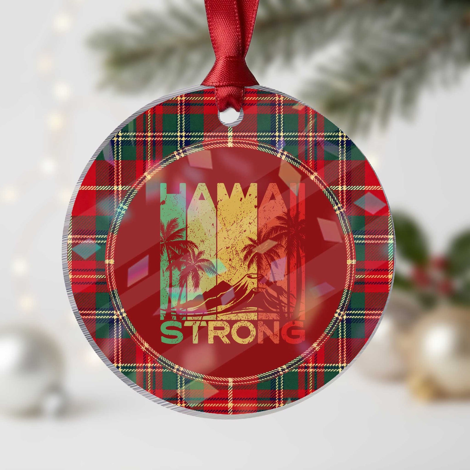 Vintage Retro Hawaii Strong Holographic Acrylic Ornament Tropical Volcano Hawaiian Islands Pride Support