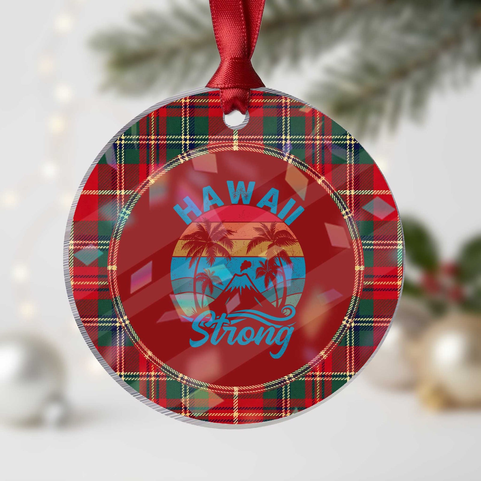 Vintage Hawaii Strong Retro Sunset Tropical Holographic Acrylic Ornament Volcano Hawaiian Islands Pride Support