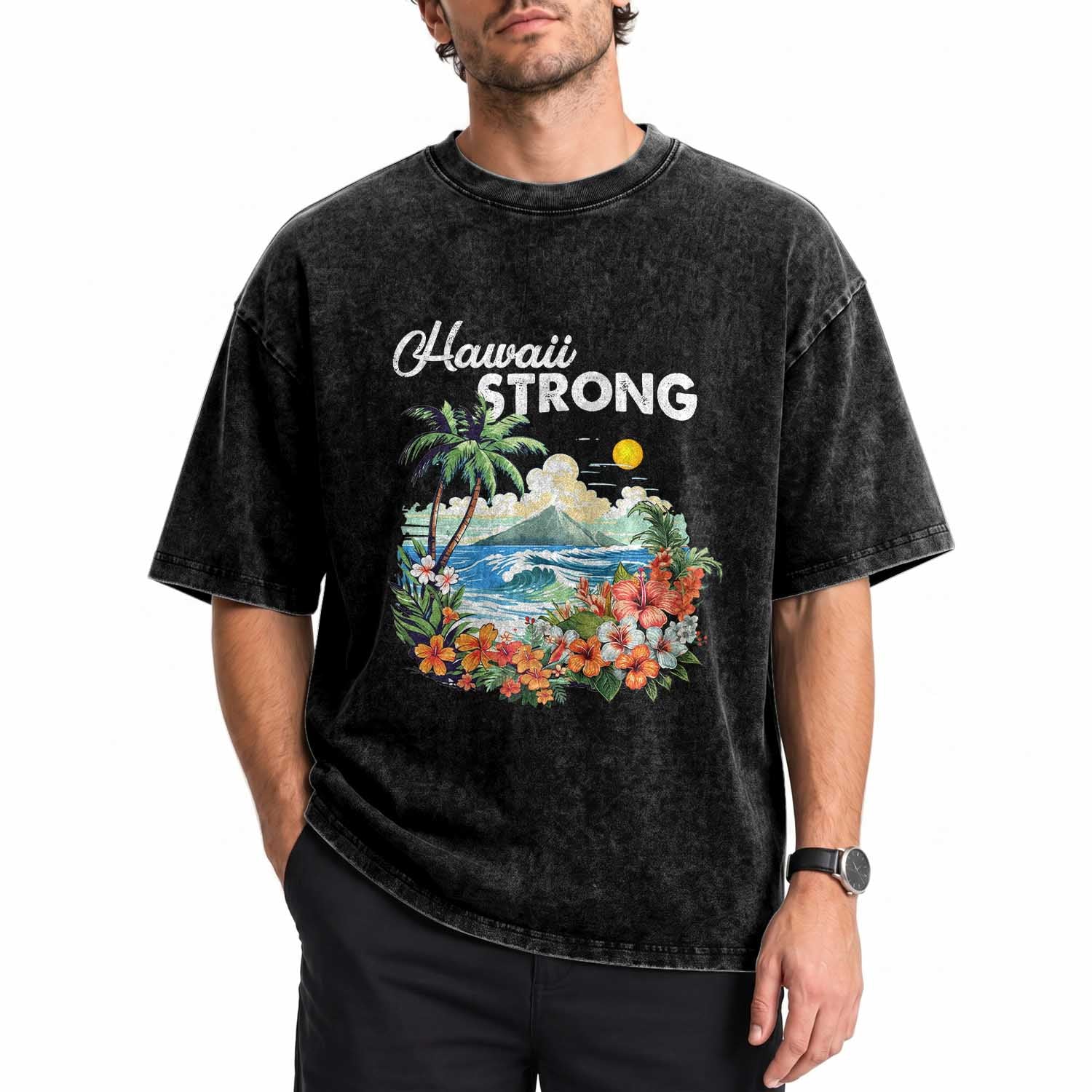 Hawaii Strong Hawaiian Islands Support Washed Cotton T-Shirt Sunset Tropical Hibiscus Flowers