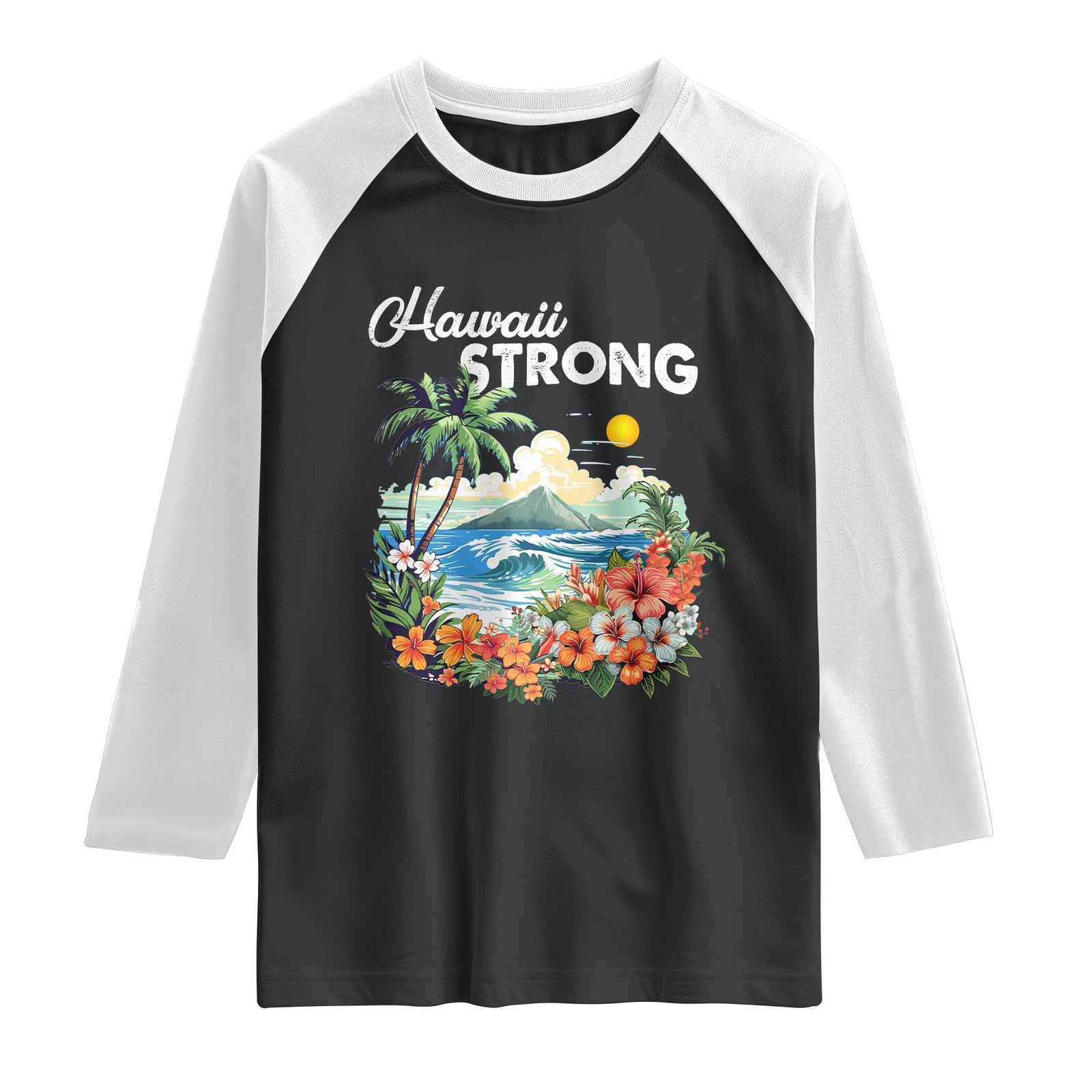 Hawaii Strong Hawaiian Islands Support Raglan Shirt Sunset Tropical Hibiscus Flowers