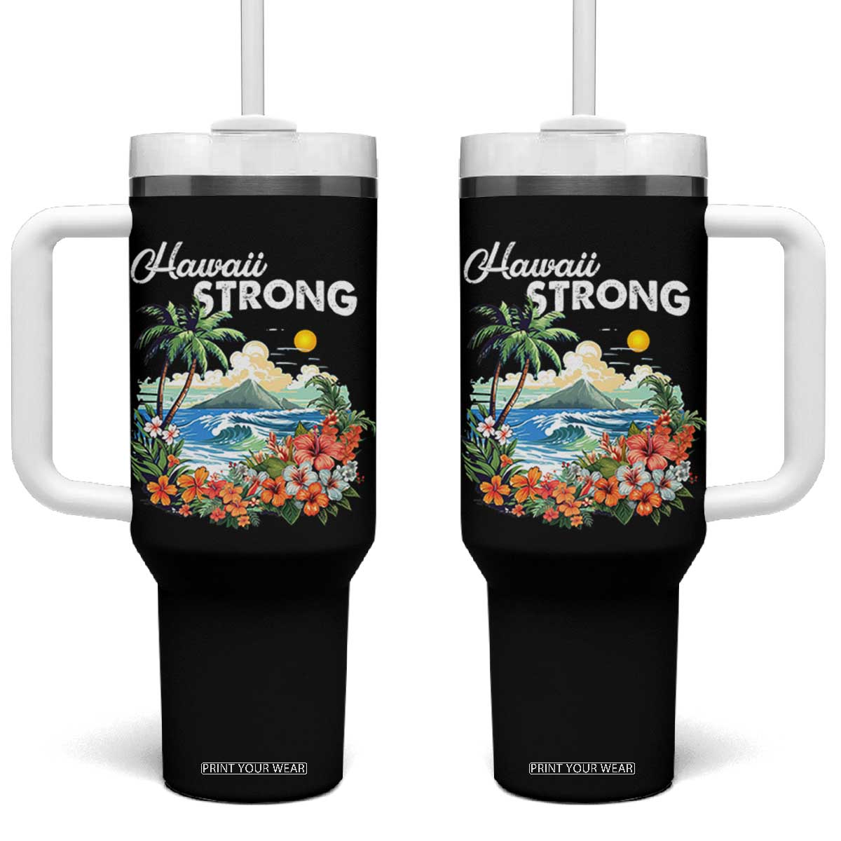 Hawaii Strong Hawaiian Islands Support Tumbler With Handle Sunset Tropical Hibiscus Flowers