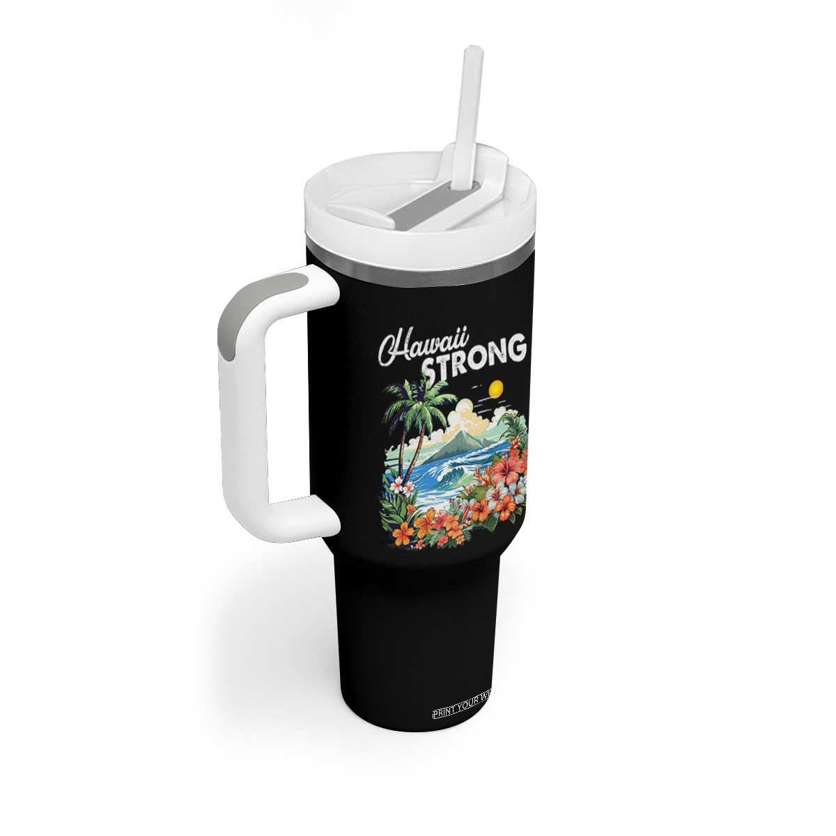 Hawaii Strong Hawaiian Islands Support Tumbler With Handle Sunset Tropical Hibiscus Flowers