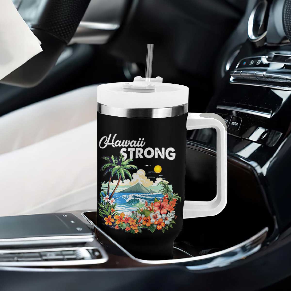 Hawaii Strong Hawaiian Islands Support Tumbler With Handle Sunset Tropical Hibiscus Flowers
