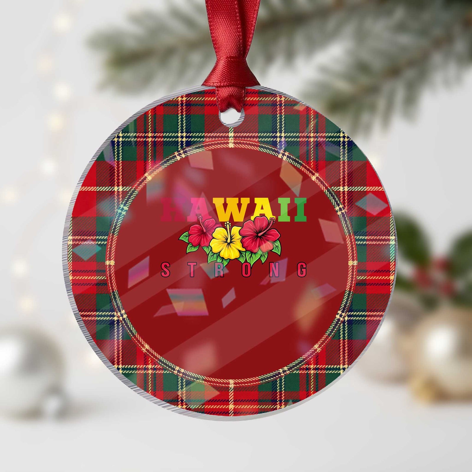 Retro Vintage Hawaii Strong Hibiscus Floral Holographic Acrylic Ornament Hawaiian Islands Pride Support