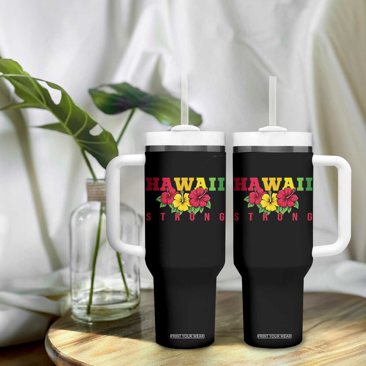 Retro Vintage Hawaii Strong Hibiscus Floral Tumbler With Handle Hawaiian Islands Pride Support