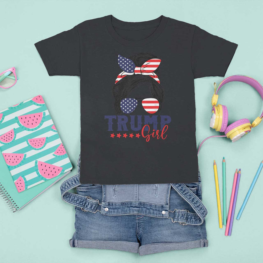 Trump Girl T Shirt For Kid Messy Bun Support Trump 2024 Election American Flag TS02 Black Print Your Wear