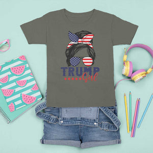 Trump Girl T Shirt For Kid Messy Bun Support Trump 2024 Election American Flag TS02 Military Green Print Your Wear