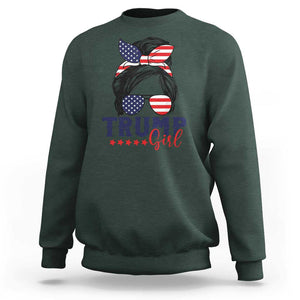 Trump Girl Sweatshirt Messy Bun Support Trump 2024 Election American Flag TS02 Dark Forest Green Print Your Wear