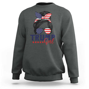 Trump Girl Sweatshirt Messy Bun Support Trump 2024 Election American Flag TS02 Dark Heather Print Your Wear